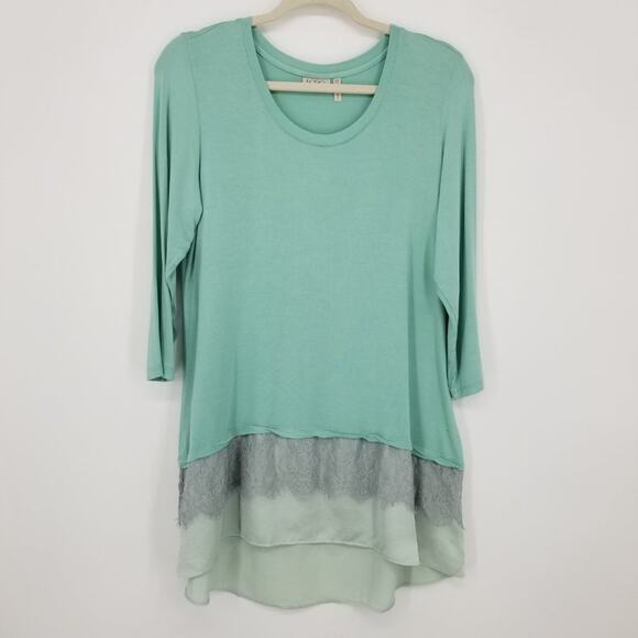 LOGO by Lori Goldstein Tops - 3/$25 Logo by Lori Goldstein Lace Satin Trim High Low Tunic Top MP Seafoam Green